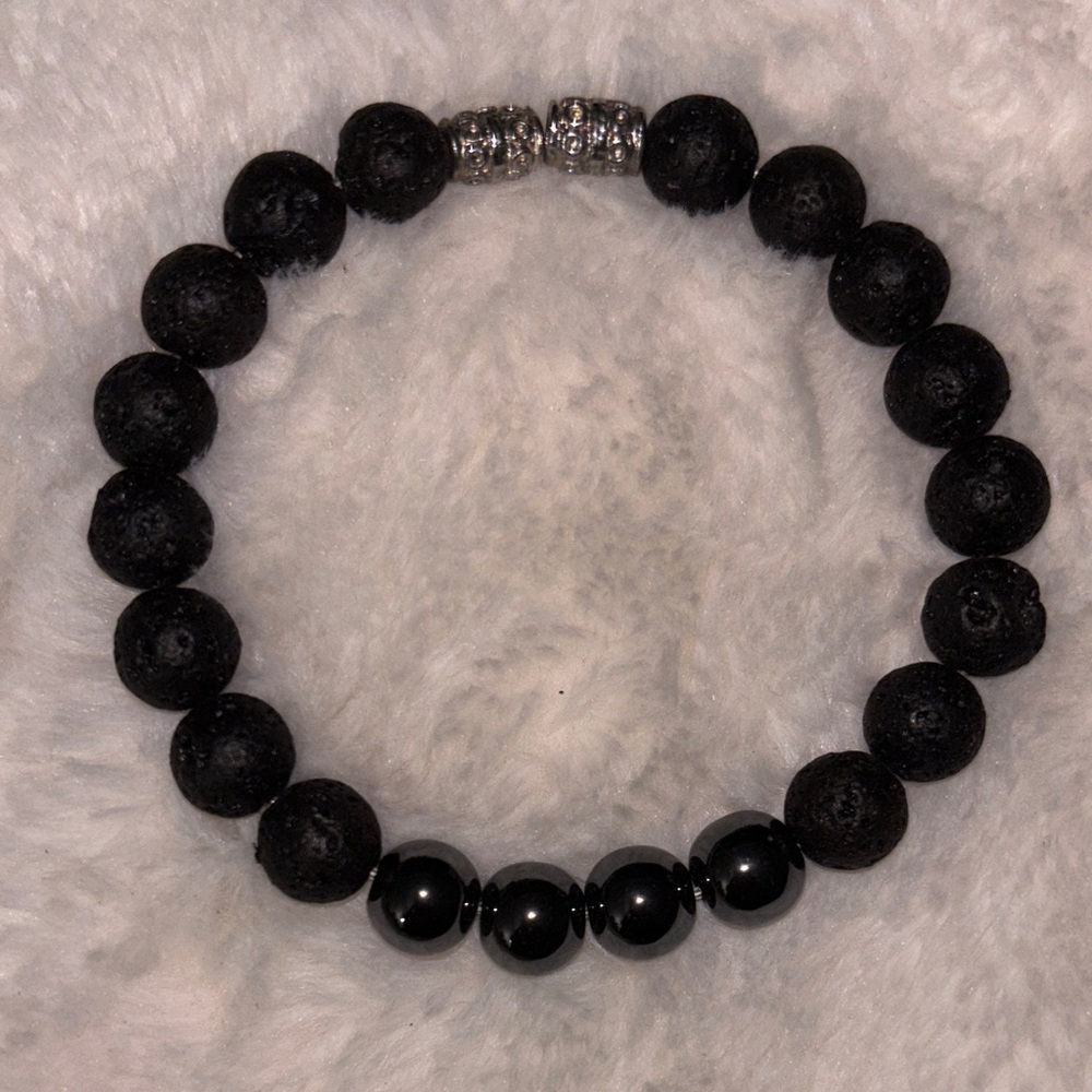 Black Lava Bead Stretch Bracelet with Polished Hematite Accents